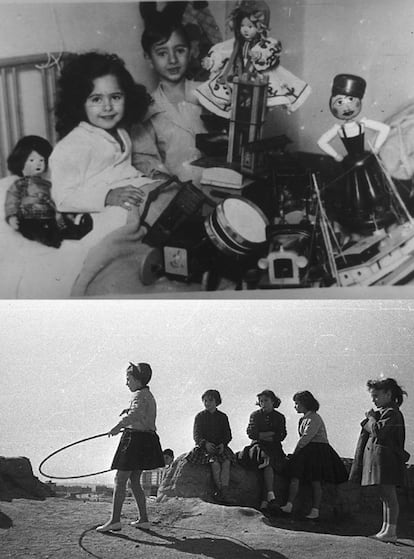 Algunas de las 100 fotografías de la exposición <i>Juguetes para el recuerdo,</i> de Martín Santos Yubero. De izquierda a derecha <i>Niños con juguetes</i> (1953) y <i>El juego del hula-hoyo</i> (1959)<i>.
