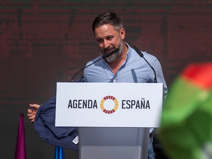Santiago Abascal, en el acto de Vox en Madrid este domingo.