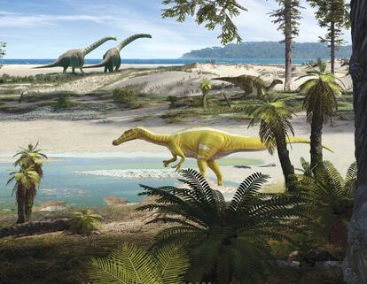 El 'Protathlitis cinctorrensis' en primer plano. Atrás, Iguanodonte y dos saurópodos, en una costa del Cretácico hace 120 millones de años.