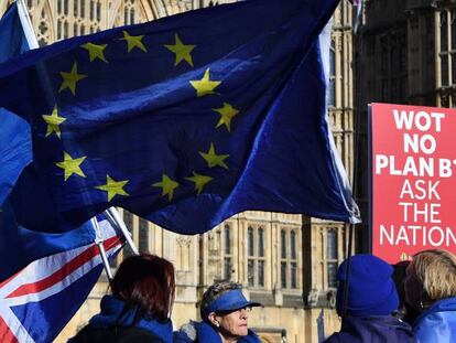 Activistas proeuropeistas se concentran a las puertas del Parlamento este martes en Londres (Reino Unido). 