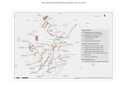 Los 22 parques eólicos del Clúster Maestrazgo, en la provincia de Teruel, tal y como aparecen representados en el BOE