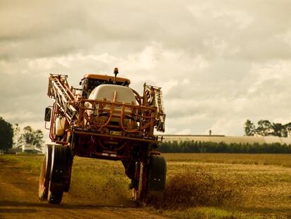 Un tractor riega con pesticida una plantación de Mato Grosso, en Brasil. 