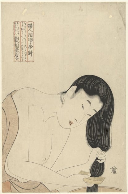 Un retrato de Kitagawa Utamaro que refleja a una mujer lavándose el pelo. Grabado de 1800 - 1805.
