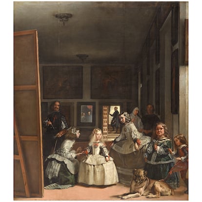 El siglo XVII. Diego Velázquez: 'Las Meninas'. En 1656 Velázquez realiza su obra magistral. En este momento la moda española es genuinamente española. A pesar de las influencias exteriores, España no se rindió a la moda francesa, muy diferente conceptual y estética a la española, como sí lo hicieron todas las Cortes Europeas. En esta obra, el rey, Velázquez, José Nieto y un guardadamas, lucen el vestido conocido internacionalmente como Vestido a la española, cuyos rasgos más notables fueron el color negro, el cuello de golilla y su tendencia a la austeridad. La golilla, formada por un soporte de cartón sobre el que se ponía un cuello blanco llamado valona, se convirtió en signo de la gravedad y altivez de los españoles. El centro del escenario lo ocupa la Infanta Margarita que al igual que sus meninas luce un vestido compuesto de un cuerpo llamado jubón y una falda llamada basquiña que dibujan una silueta determinada por la cotilla, prenda interior armada con ballenas y por el guardainfante, armazón interior para ahuecar las faldas y que gracias a la universalidad del pintor, este rasgo característico del vestido femenino ha quedado asociado a su obra.