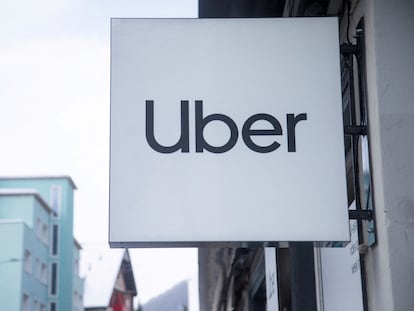 The logo of Uber is seen at a temporary showroom at the Promenade road during the World Economic Forum (WEF) 2023 in January.