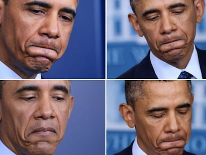 El presidente Barack Obama en varios instantes de su comparecencia de prensa este viernes en la Casa Blanca. 