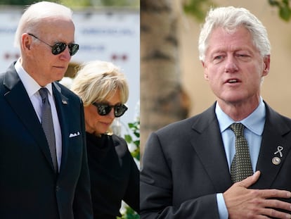 Joe Biden (izq.) y Bill Clinton (der.) en homenajes tras los tiroteos escolares de Uvalde y Columbine, respectivamente.