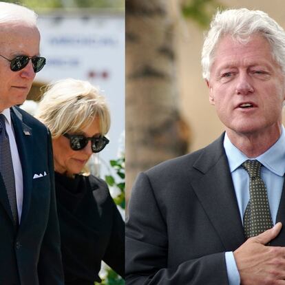 Joe Biden (izq.) y Bill Clinton (der.) en homenajes tras los tiroteos escolares de Uvalde y Columbine, respectivamente.
