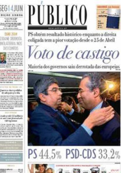 El diario <i>Público</i> de Portugal destaca la fuerte derrota del partido en el Gobierno en Lisboa y de los Ejecutivos europeos en general.