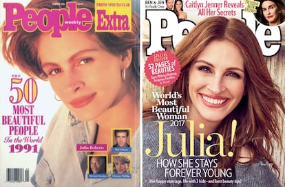 Julia Roberts, la más bella. La actriz ha encabezado hasta en cinco ocasiones la tradicional lista de la revista ‘People’ de las mujeres más bellas del mundo, un récord. En la imagen, en las portadas de 1991 y, a la derecha, en 2017.