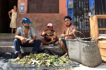 Tres hombres venden hojas de tabaco en un mercado en Iquitos (Perú).