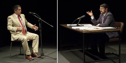 A la izquierda, Pedro Casablanc como Luis Bárcenas, y a la derecha Manolo Solo interpretando al juez Ruz en la obra 'Ruz-Bárcenas'.