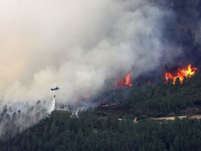 Un helicòpter fa una descàrrega sobre l'incendi a Acebo.