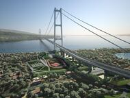 Recreación del futuro puente sobre el estrecho de Mesina, que unirá Sicilia y Calabria, en Italia.