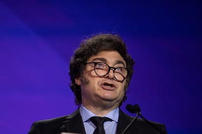 Javier Milei, durante una rueda de prensa en California a principios de mayo.