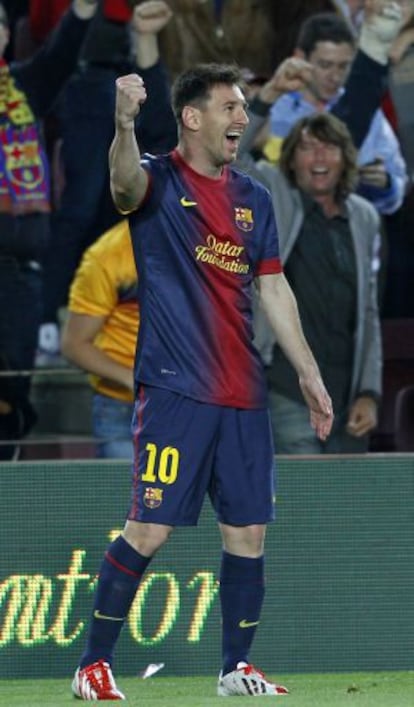 Barcelona&#039;s Lionel Messi celebrates a goal against Real Betis during their match at Camp Nou stadium on Sunday.