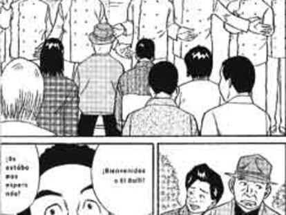 Viñeta del manga sobre El Bulli, en la que aparecen Hiroyoshi Ishida (con sombrero) y su esposa Tomiko.