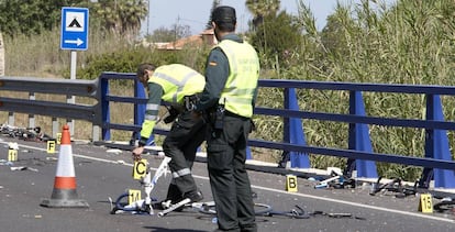 Agentes de la Guardia Civil inspeccionan la carretera donde se produjo el atropello de Oliva.