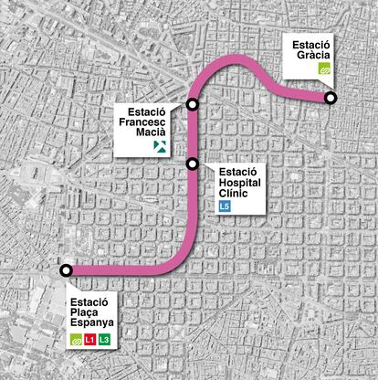 Mapa de las estaciones de la prolongación de los FGC entre plaza de Espanya y Gràcia, en Barcelona.