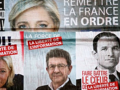 Carteles electorales de Le Pen (arriba y a la izquierda), M&eacute;lenchon (abajo en el centro) y Beno&icirc;t Hamon, el candidato socialista.