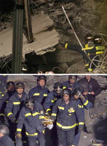 De arriba abajo, los equipos de rescate retiran una placa de cemento sobre el coche de Carlos Alonso Palate; los bomberos trasladan el cadáver tras extraerlo del vehículo.