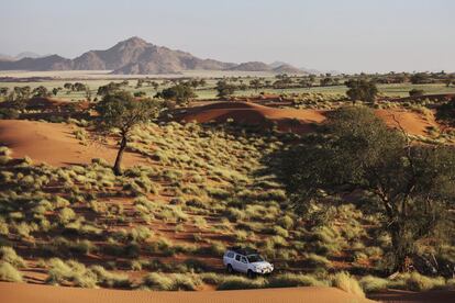 El desierto del Namib es famoso por sus inmensas dunas rojas (al oxidarse las partículas de hierro confieren a la arena el tono rojizo) y por ser uno de los más antiguos del mundo: más de 65 millones de años. La zona más visitada es el parque nacional de Namib-Naukluft (en la foto) y su duna 45, de 300 metros de altura. Está en la carretera que conecta las localidades de Sesriem y Sossusvlei, en Namibia.