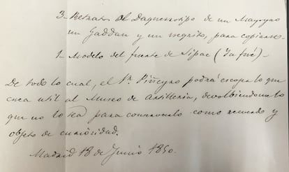 Una de las hojas de la carta que el conde de Manila envió en 1850 al Museo de Artillería, con la referencia a los daguerrotipos.