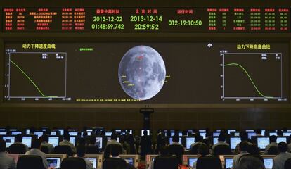 La nave china Chang E3 ha llegado hoy al suelo de la Luna. En la fotograf&iacute;a, una gran pantalla muestra las operaciones de alunizaje en el centro de Control aeroespacial de Beijing.