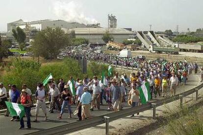 Manifestantes contra la reforma de la OCM del azúcar, en la protesta organizada ayer frente a la planta azucarera de Guadalcacín.