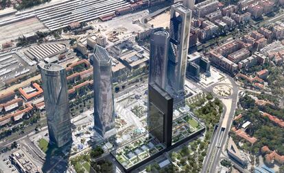 Recreación de la Quinta Torre o complejo Caleido junto a las Cuatro Torres de la Castellana.