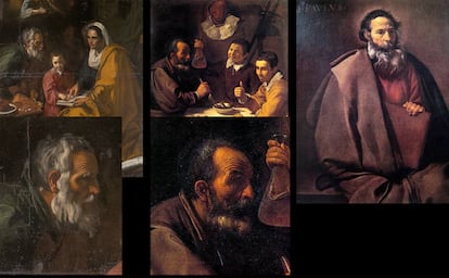 Al igual que ocurre con el tratamiento de los niños, en los retratos de la madurez también hay similitudes entre la obra hallada ahora y otras anteriores de Velázquez. Abajo a la izquierda detalle del personaje de San Joaquín en <i>La educación de la Virgen</i>. Junto a él uno de los personajes de <i>El almuerzo</i> y a la derecha San Pablo (Fotografía, cortesía de <i>Ars Magazine</i>).