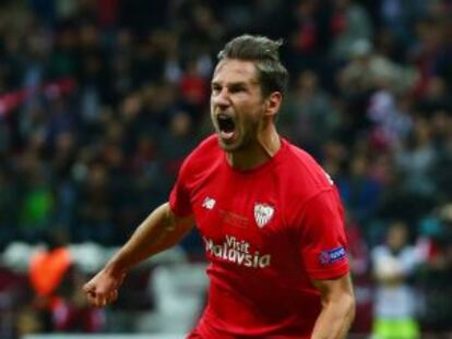 Krychowiak celebra el primer gol del Sevilla en la final de la Europa League.