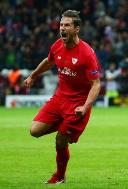 Krychowiak celebra el primer gol del Sevilla en la final de la Europa League.