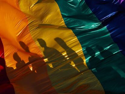 La sombra de unos participantes en una marcha del Orgullo LGTBQ en Managua se refleja sobre la bandera del arco iris, símbolo de la causa.