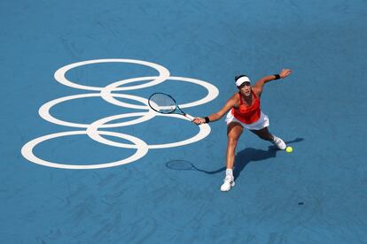 La española Garbiñe Muguruza, durante su partido de primera ronda de individuales femeninos contra Veronika Kudermetova.