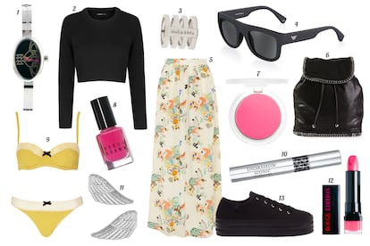 1. Vivienne Westwood Reloj con logo en la esfera. 2. Mango Jersey cropped. 3. Bimba & Lola Anillo múltiple. 4. Emporio Armani Gafas de sol con montura de pasta. 5. Paul & Joe Falda larga con print de flores. 6. Stella McCartney Mochila de piel con ribete de cadenas. 7. Topshop Colorete. 8. Bobbi Brown Laca de uñas “Uber Pinks”. 9. Topshop Conjunto de lencería de algodón y encaje. 10. Dior Máscara de pestañas “Diorshow - Iconic Overcurl”. 11. Asos Pendientes de alas. 12. Bourjois Barra de labios “Rouge Edition”. 13. Pull & Bear Sneaker con plataforma.