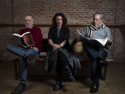 Pancho Varona, Mara Barros y Antonio García de Diego, fotografiados en La Central de Callao, en Madrid.