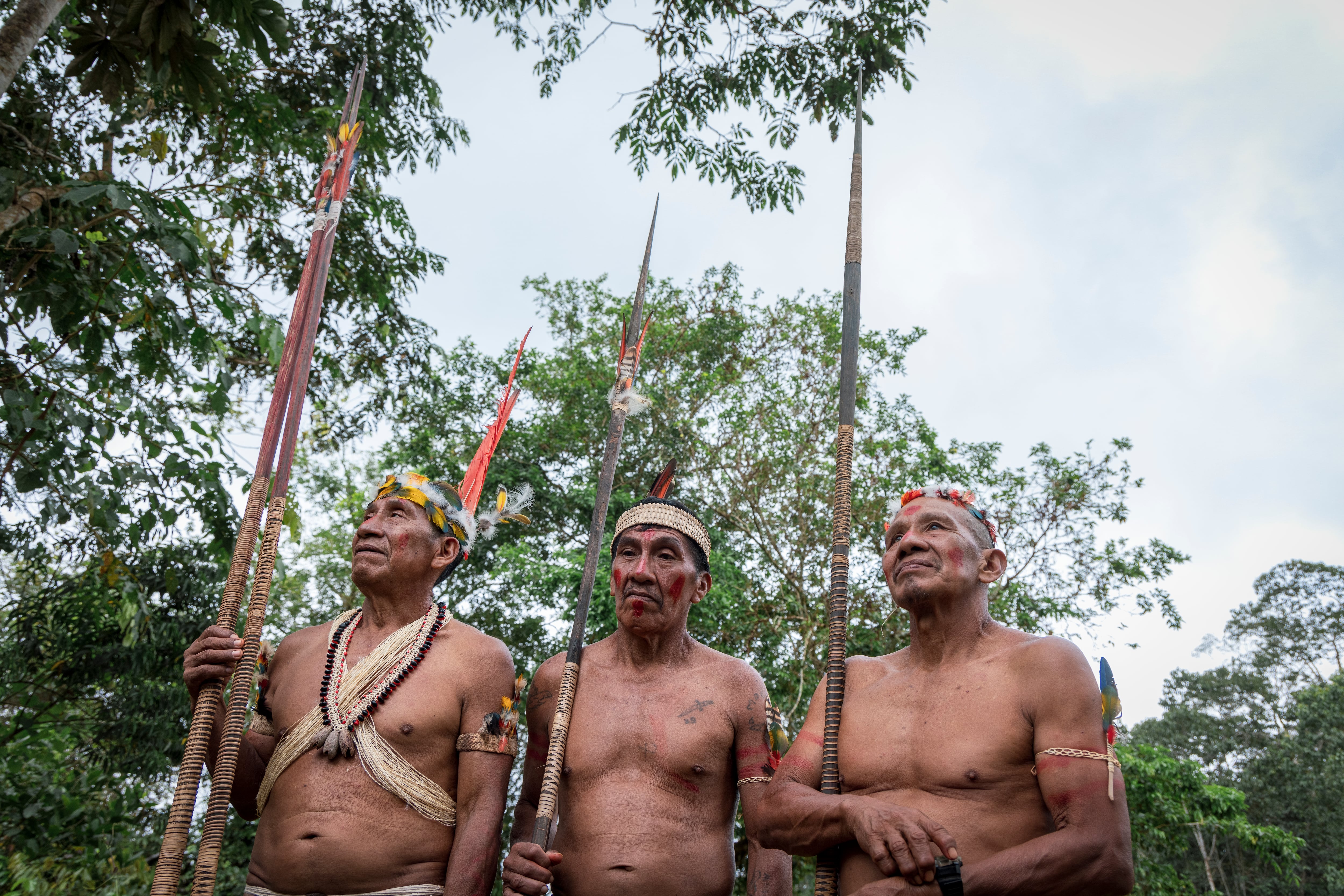 Humberto Ahua, Bolívar Enomenga y Wira Caiga Omaca, pikenanis (ancianos sabios) waoranis de la comunidad Guiyero ubicada en el Parque Nacional Yasuní, provincia de Orellana, 27 de agosto de 2024.