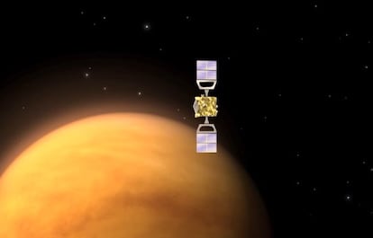 Ilustraci&oacute;n de la sonda `Venus Express&acute; iniciando el descenso hacia su zambullida en la atm&oacute;sfera de Venus.