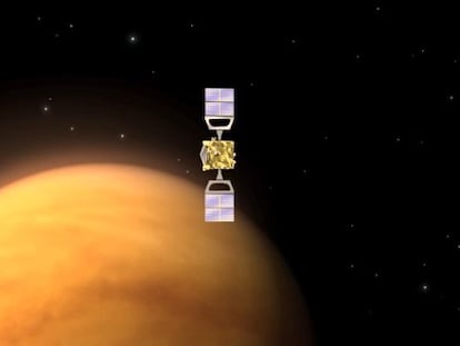 Ilustraci&oacute;n de la sonda `Venus Express&acute; iniciando el descenso hacia su zambullida en la atm&oacute;sfera de Venus.