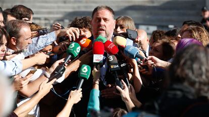 El presidente de ERC, Oriol Junqueras, durante una declaración ante los medios, el pasado martes.