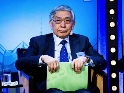 El gobernador del Banco de Japón Haruhiko Kuroda en un simposio de bancos centrales este martes en Estocolmo