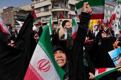 Iranian worshippers chant slogans during an anti-Israeli gathering after Friday prayers in Tehran, Iran, April 19, 2024