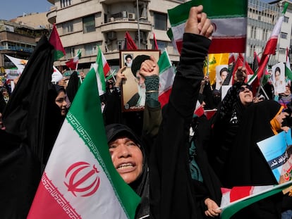 Iranian worshippers chant slogans during an anti-Israeli gathering after Friday prayers in Tehran, Iran, April 19, 2024.