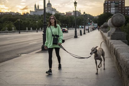 Una mujer pasea a su perro por el puente de Segovia, en Madrid.