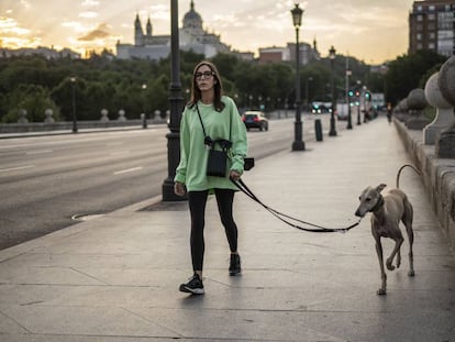 Una mujer pasea a su perro por el puente de Segovia, en Madrid.