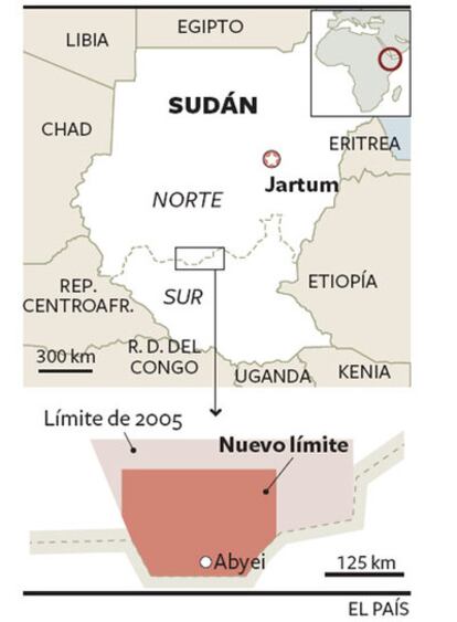 Mapa de Sudán y la región de Abyei.