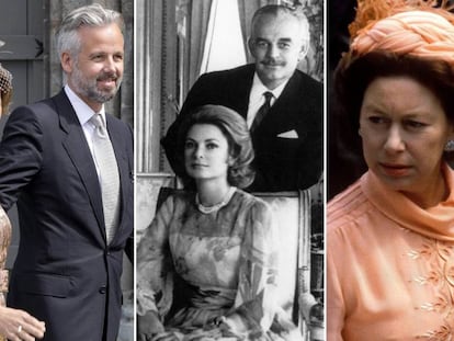 De izquierda a derecha, Marta Luisa de Noruega y Ari Behn; Rainiero de Mónaco y Grace Kelly y la princesa Margarita de Inglaterra.