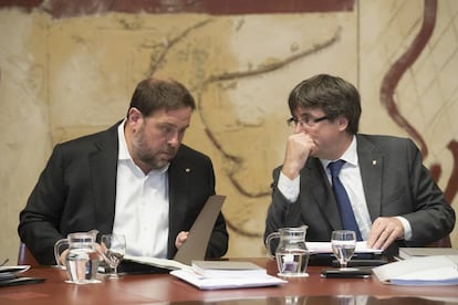 Puigdemont y Junqueras, este martes en Barcelona.