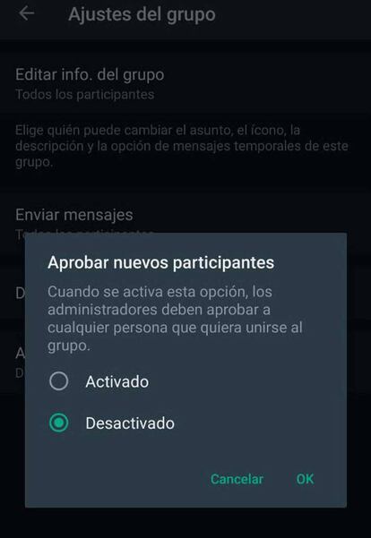 Aprobar nuevos participantes WhatsApp